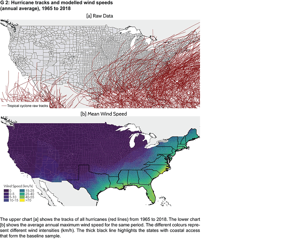 Enlarged view: G 2: Hurricane tracks and modelled wind speeds (annual average), 1965 – 2018