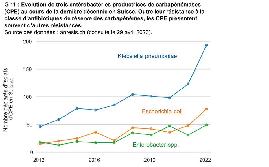 Enlarged view: G 11: Evolution de trois entérobactéries productrices de carbapénémases (CPE) au cours de la dernière décennie en Suisse. Outre leur résistance à la classe d'antibiotiques de réserve des carbapénèmes, les CPE présentent souvent d'autres résistances