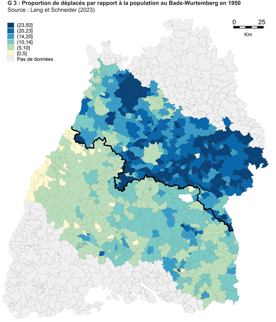 Enlarged view: G 3 : Proportion de déplacés par rapport à la population au Bade-Wurtemberg en 1950