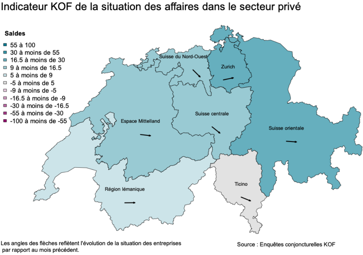 Enlarged view: Graphique 2 : Situation des affaires dans les grandes régions de l'OFS