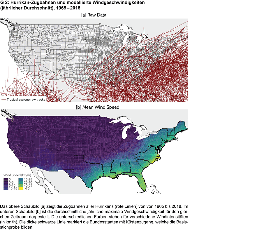Vergrösserte Ansicht: G 2: Hurrikan-Zugbahnen und modellierte Windgeschwindigkeiten (jährlicher Durchschnitt), 1965 – 2018