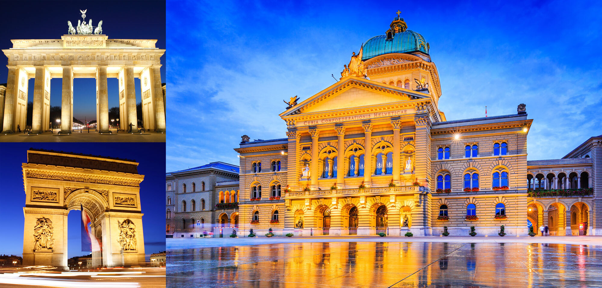 Das Brandenburger Tor in Berlin, der Arc de Triomphe in Paris und das Bundeshaus in Bern.